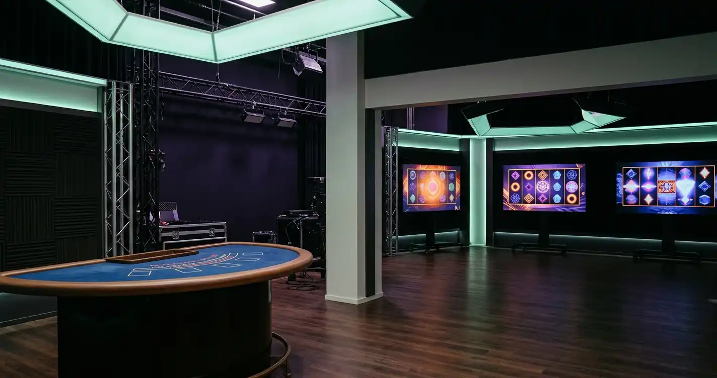 Spelbord med markerfria ytor bredvid abstrakta spelautomatsskärmar