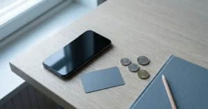 Mobiltelefon bredvid ett bankkort och svenska mynt på ett skrivbord