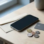 Mobiltelefon, bankkort och svenska kronmynt på ett träbord