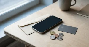Mobiltelefon, bankkort och svenska kronmynt på ett träbord