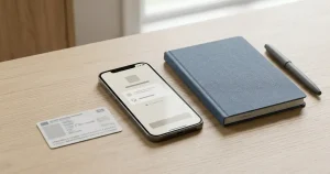 Mobiltelefon med neutral inloggningsvy bredvid anteckningsbok och identitetshandling utan synliga uppgifter