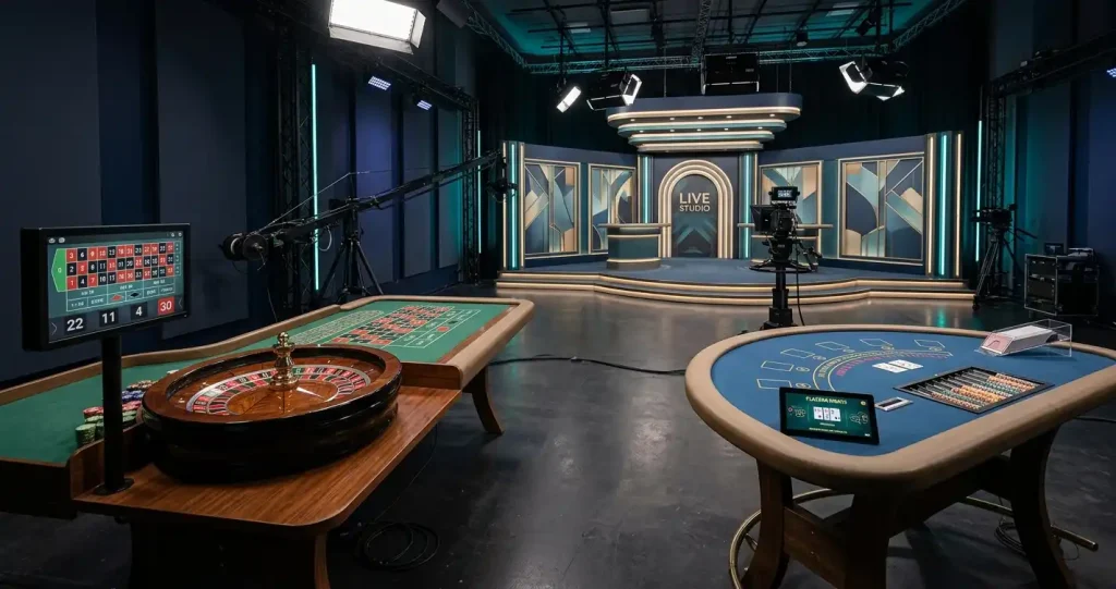 Roulettebord och kortbord i en upplyst spelstudio med skärmar i bakgrunden