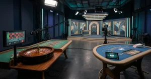 Roulettebord och kortbord i en upplyst spelstudio med skärmar i bakgrunden