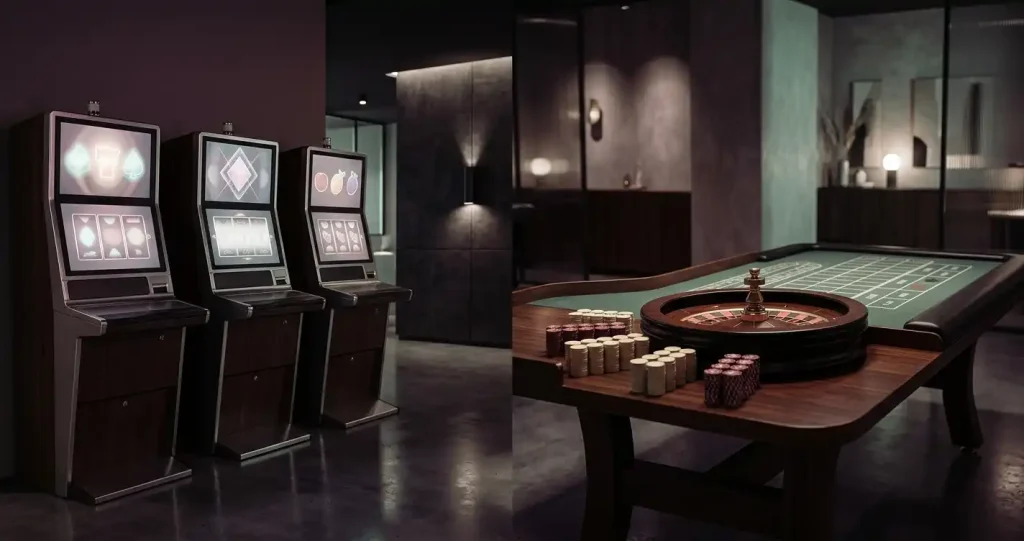Neutrala spelautomater och ett obemannat roulettebord i dämpad studiobelysning