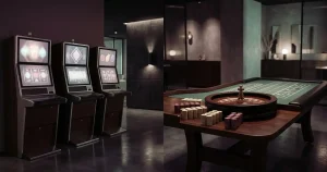 Neutrala spelautomater och ett obemannat roulettebord i dämpad studiobelysning