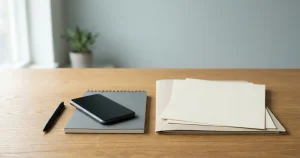 Skrivbord med dokumentmapp, anteckningsbok och en mobiltelefon