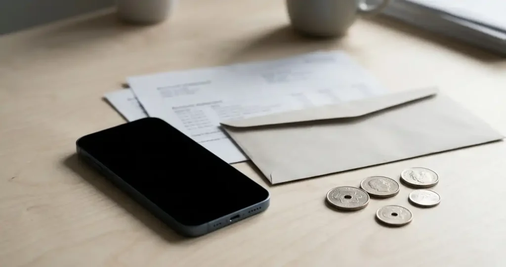 Bankhandlingar, en mobiltelefon och svenska kronmynt på ett ljust skrivbord