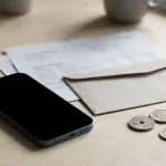 Bankhandlingar, en mobiltelefon och svenska kronmynt på ett ljust skrivbord